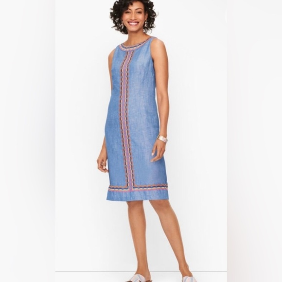 Talbots linen scallop detail shift dress, embroidered chambray - Picture 2 of 10